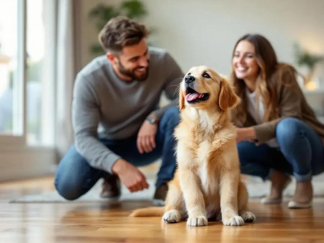 In a warm and inviting home environment, a happy goldendoodle puppy is joyfully interacting with its new family, which...