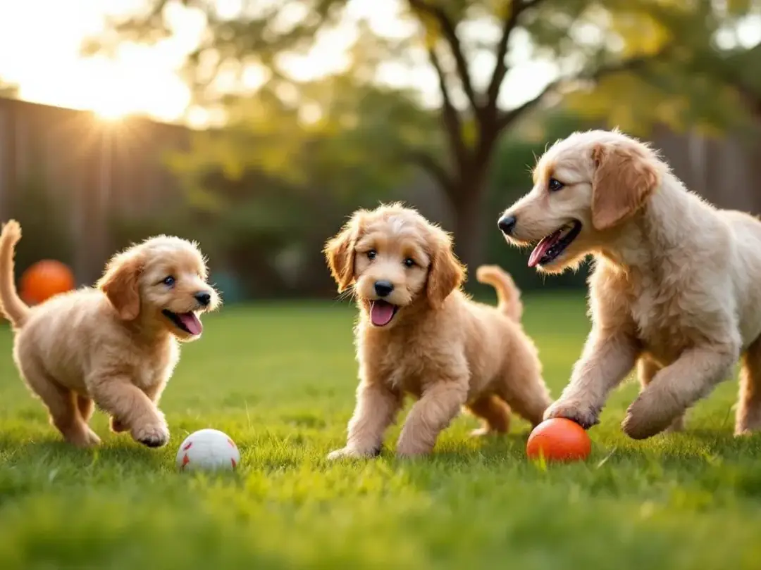 In a sunny yard, mini, medium, and standard goldendoodles are joyfully playing together, showcasing their affectionate...