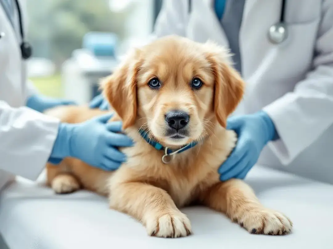 A goldendoodle puppy is being gently examined by a veterinarian, showcasing its curly coat and affectionate nature...