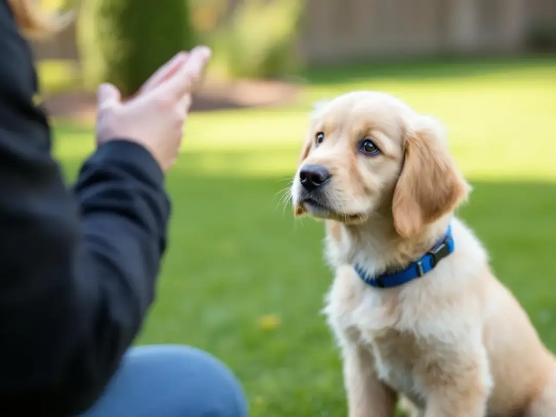 A goldendoodle puppy is practicing basic obedience commands with its trainer, showcasing its affectionate nature and...