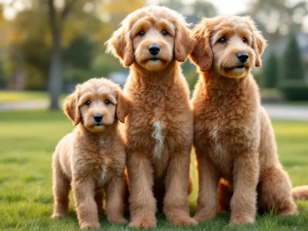 In the image, a group of goldendoodles of various sizes-mini, medium, and standard-play together, showcasing their...