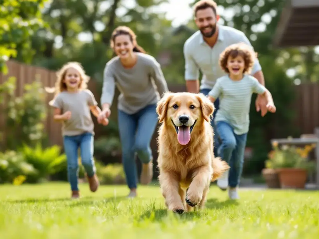 A joyful family is playing with their adorable goldendoodle in a sunny backyard, surrounded by lush green grass and...
