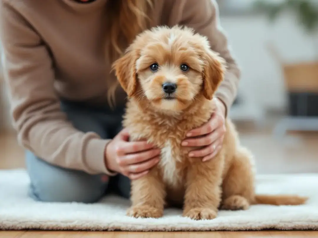 A playful goldendoodle puppy is being gently handled by a trainer, showcasing its affectionate temperament and early...