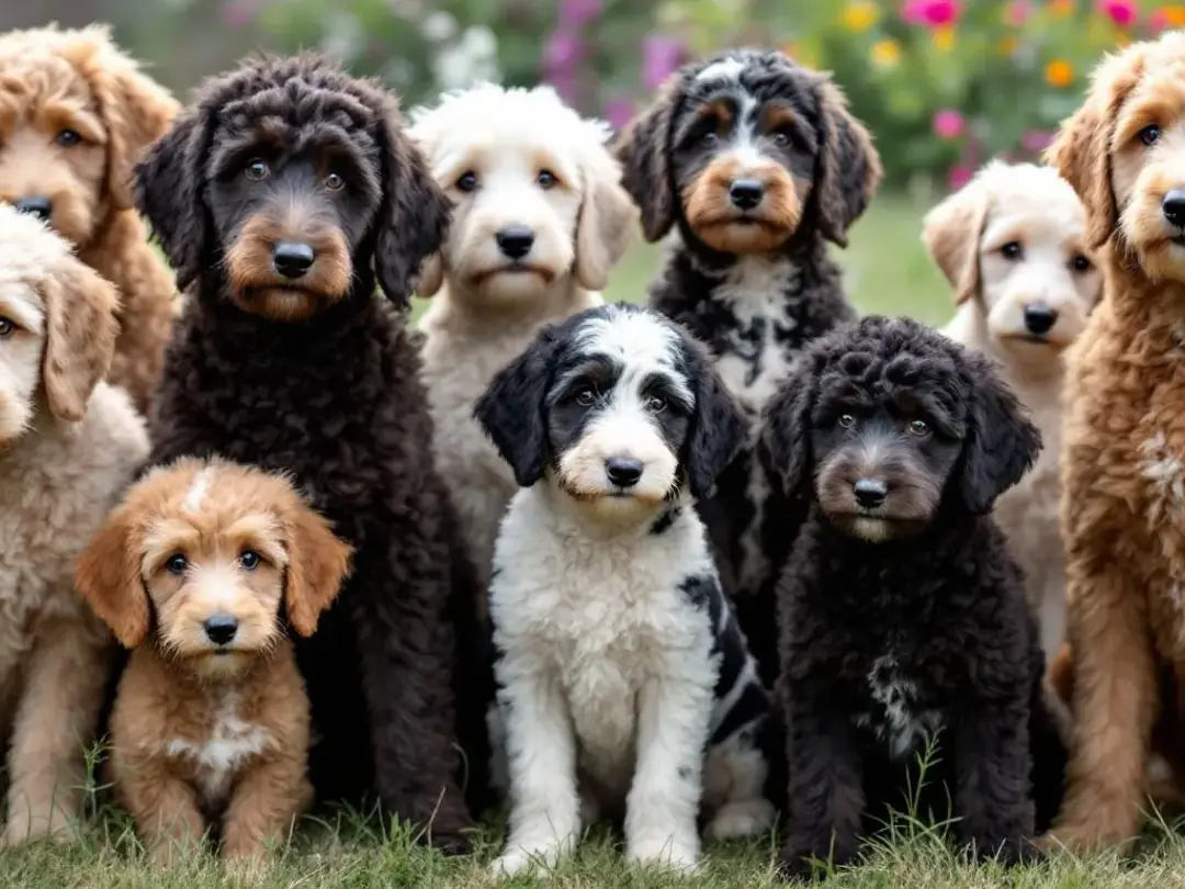 The image features a group of adult goldendoodles showcasing a variety of coat colors and textures, highlighting the...