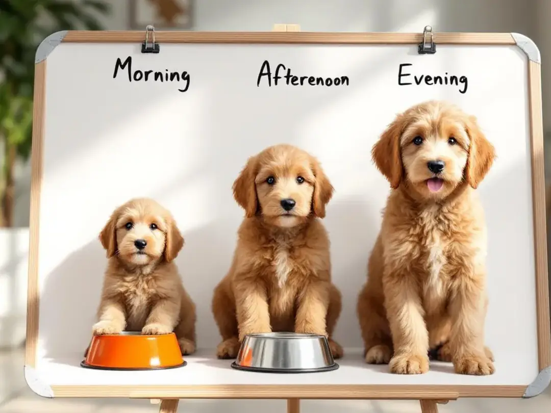 A feeding schedule chart displays three different sized goldendoodle puppies alongside appropriately sized food bowls...