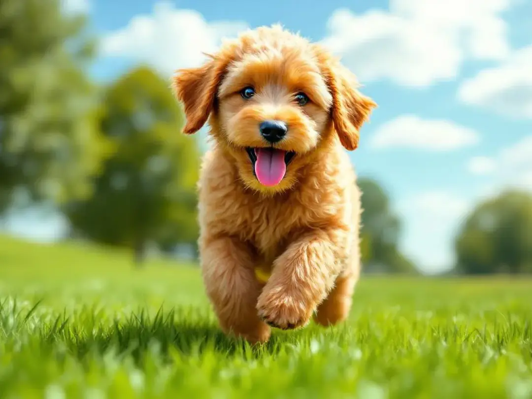 A playful goldendoodle puppy with a shiny coat is enjoying the outdoors, showcasing its energy and vitality. This scene...