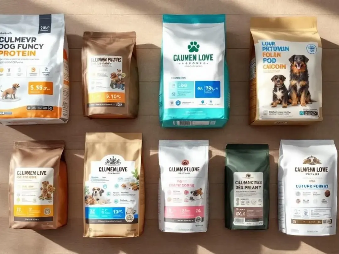 The image displays a comparison of various dog food bags, highlighting different price points and nutritional...