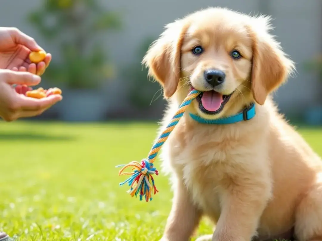 A happy Goldendoodle puppy is joyfully playing with a rope toy, which serves as a reward during its training session...