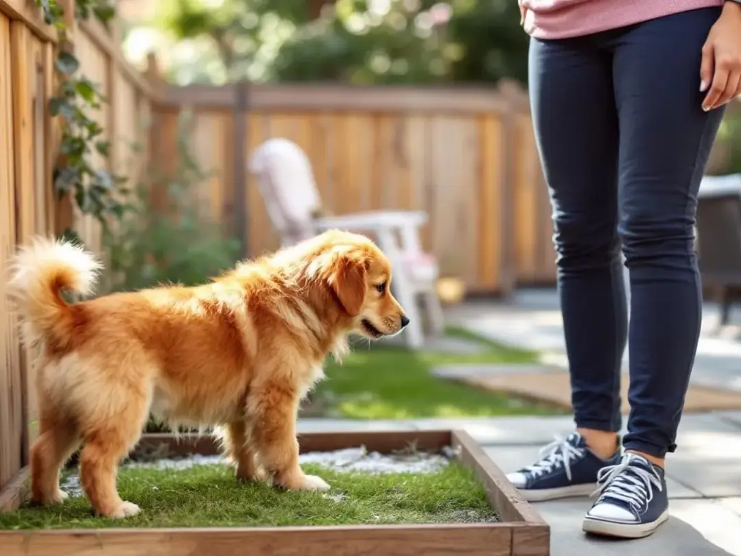 A goldendoodle puppy is seen eliminating in a designated outdoor area while its owner watches nearby, emphasizing the...