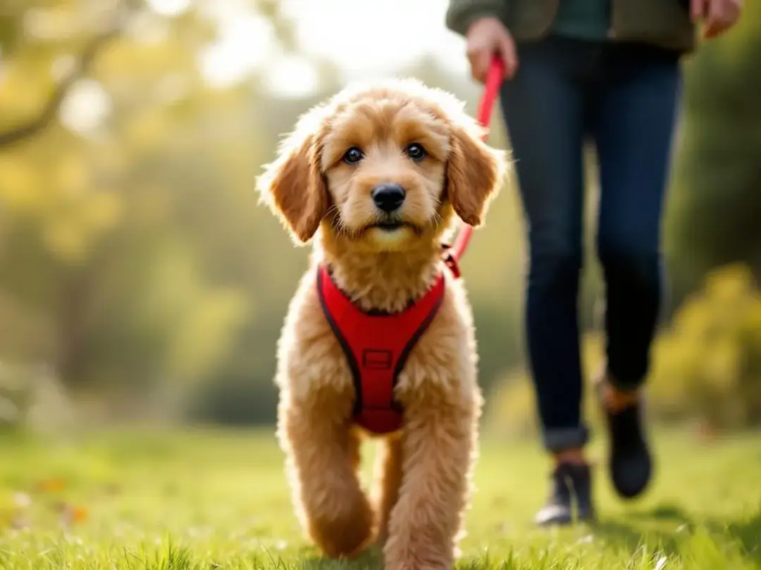 A goldendoodle puppy is walking on a leash during an outdoor training session, displaying good behavior as it learns...