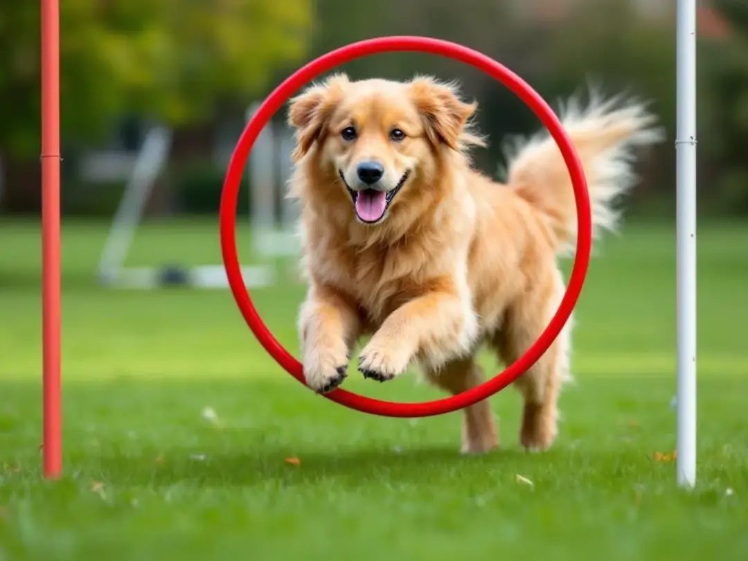 A goldendoodle puppy is enthusiastically jumping through a hoop as part of its agility training, showcasing its energy...