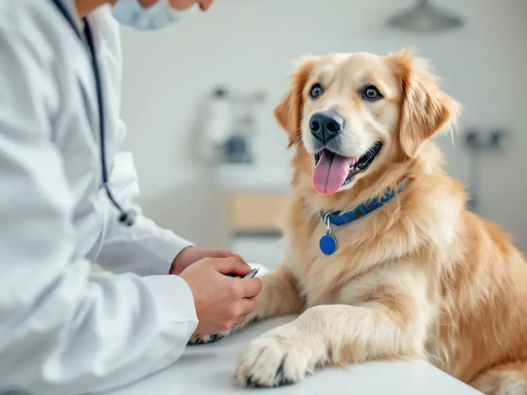 A friendly goldendoodle is receiving a health check from a veterinarian, showcasing its affectionate personality as the...