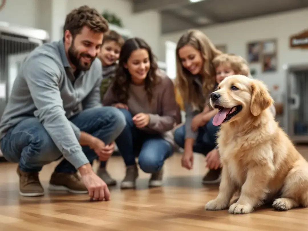 A family is gathered at a rescue facility, interacting with an affectionate goldendoodle, showcasing the dog's friendly...