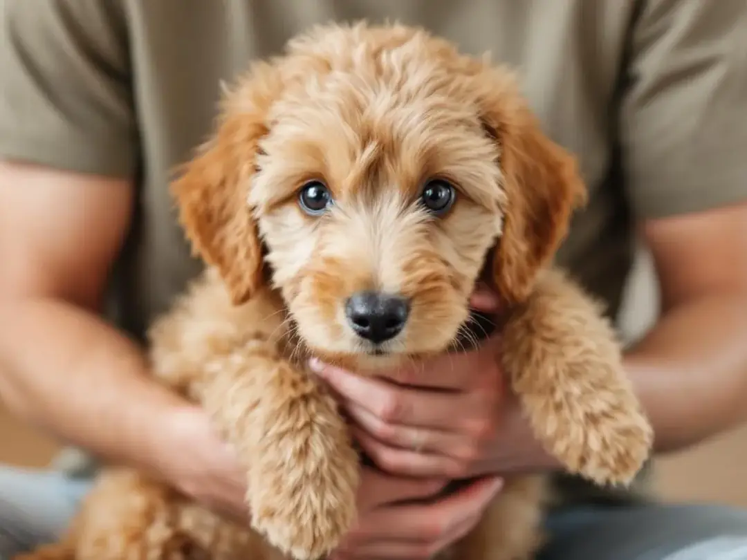 A Goldendoodle puppy is being held closely by its owner, showcasing the strong bond between them. This affectionate...