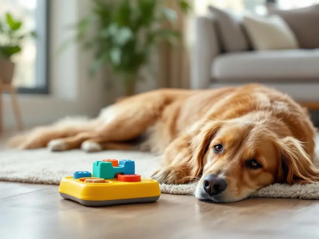 A calm dog is resting in its designated spot, comfortably engaging with a puzzle toy designed to provide mental...