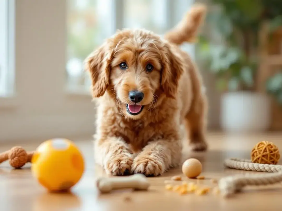 A playful Goldendoodle is engaging with various puzzle toys that stimulate its mind, promoting mental stimulation and...