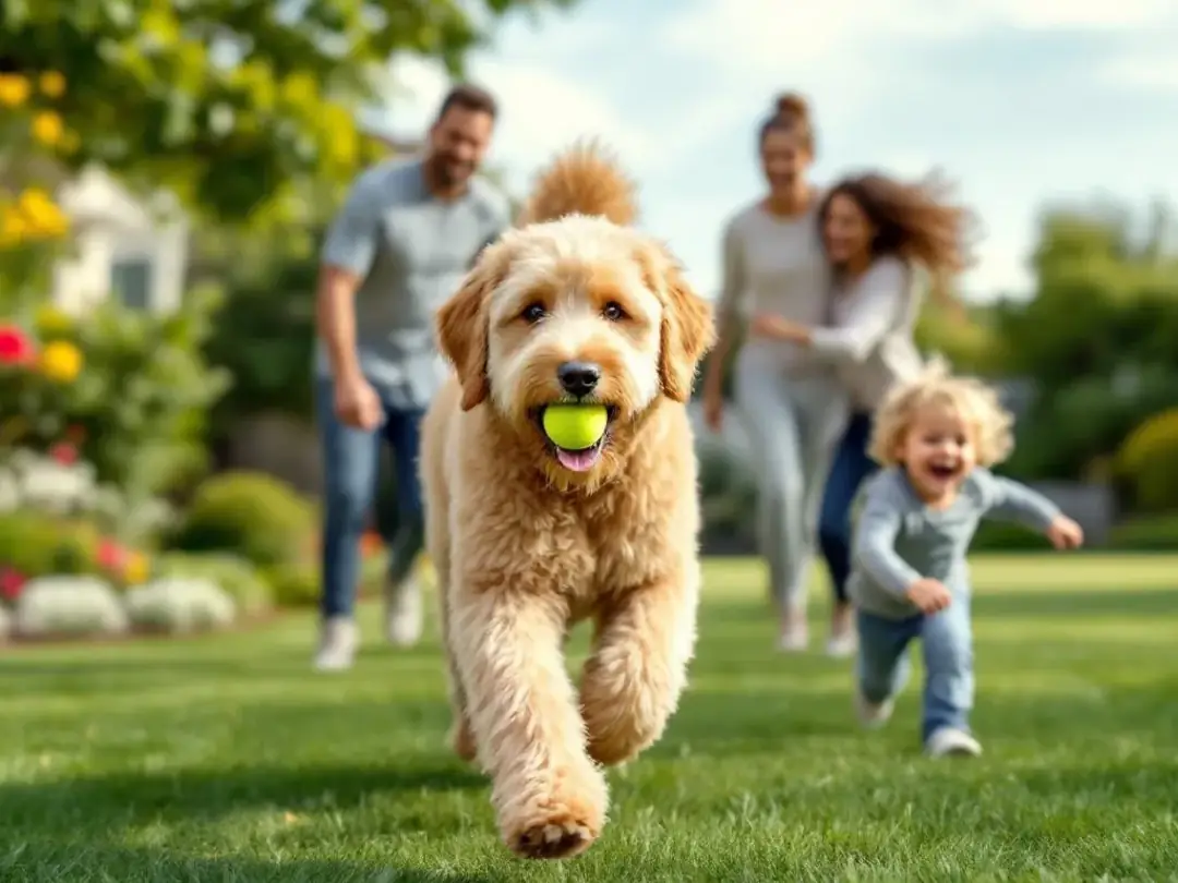A large standard goldendoodle is joyfully playing outdoors with a family, showcasing its friendly and playful nature...