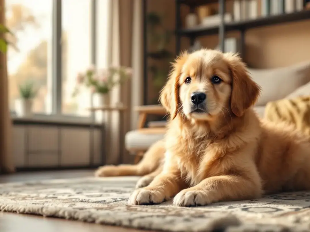 In a cozy small apartment living room, a mini goldendoodle sits comfortably on a plush rug, showcasing its friendly...