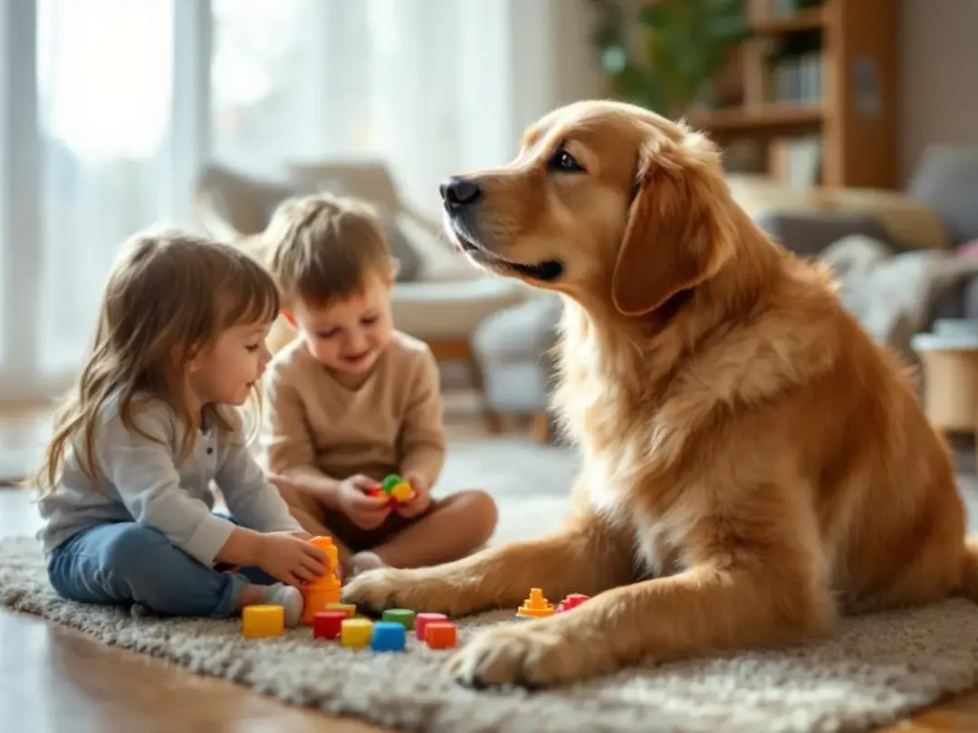A happy goldendoodle with a gentle nature is interacting playfully with children in a cozy living room, showcasing its...