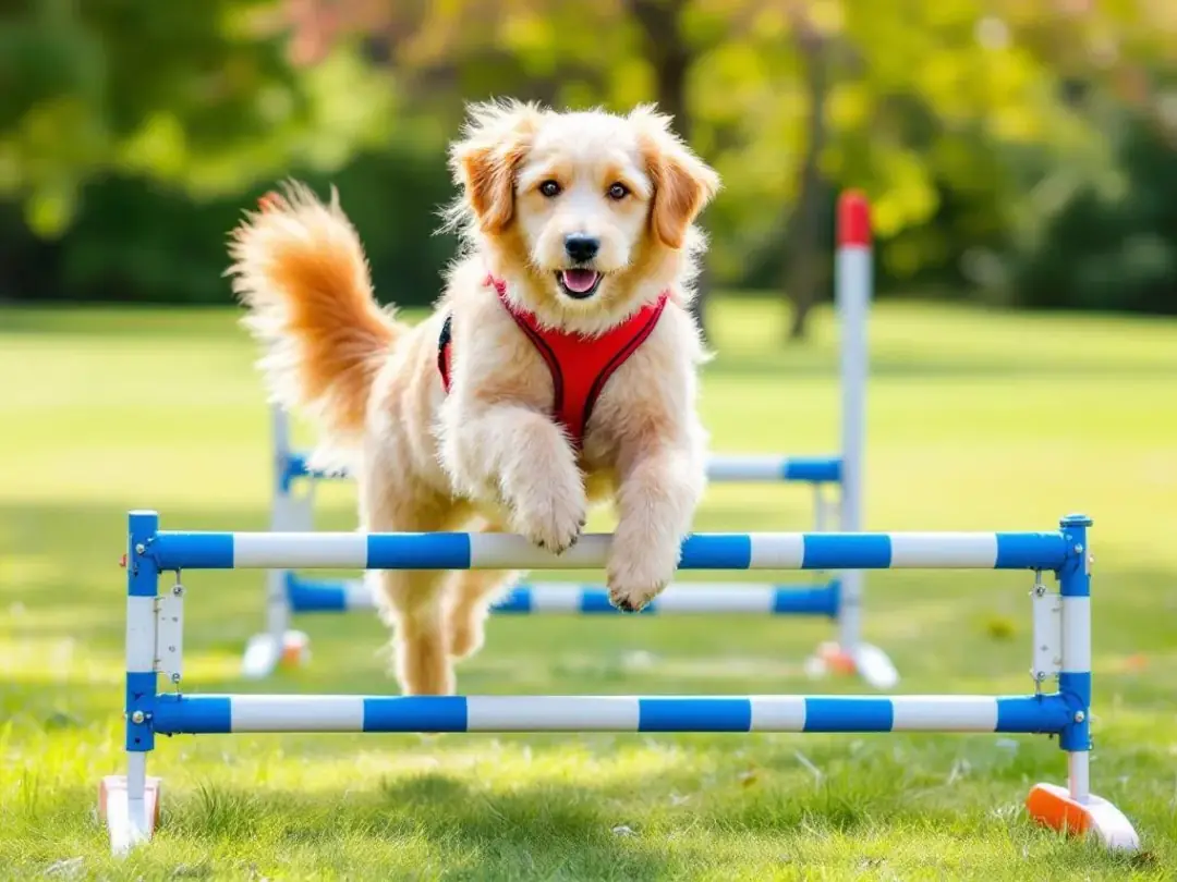 A goldendoodle is skillfully navigating agility training obstacles in an outdoor setting, showcasing its athleticism...