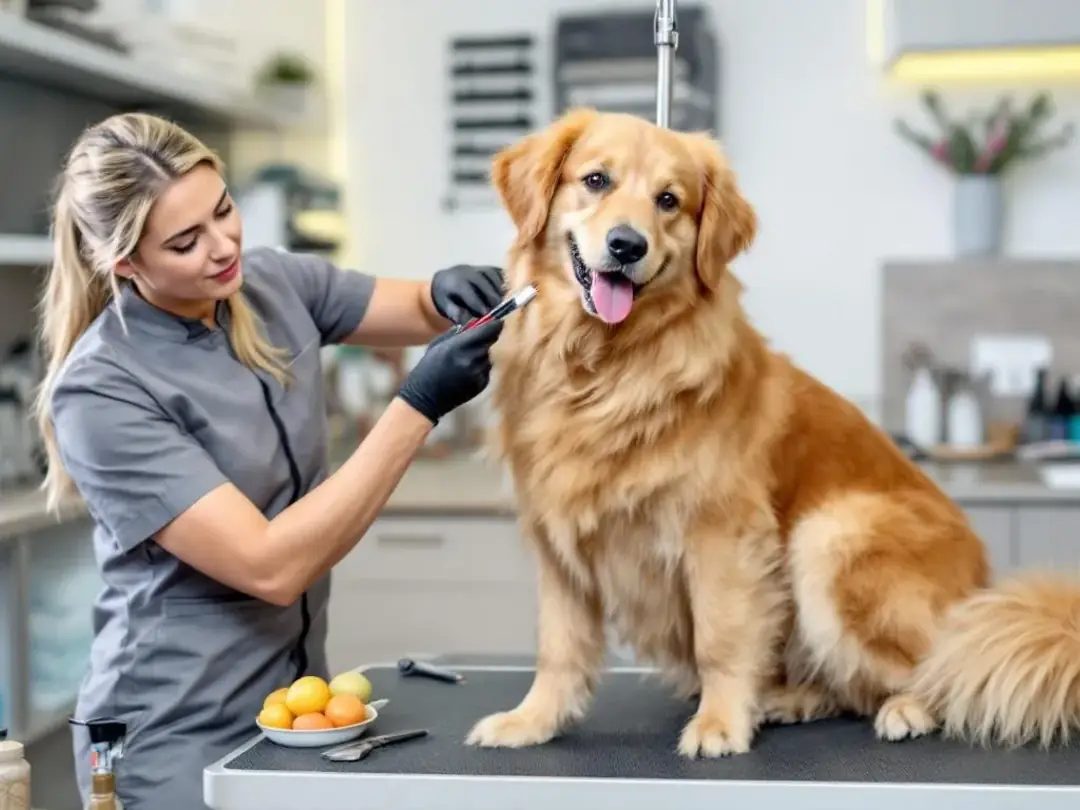 A professional groomer is meticulously working on a goldendoodle's coat using various grooming tools, showcasing the...