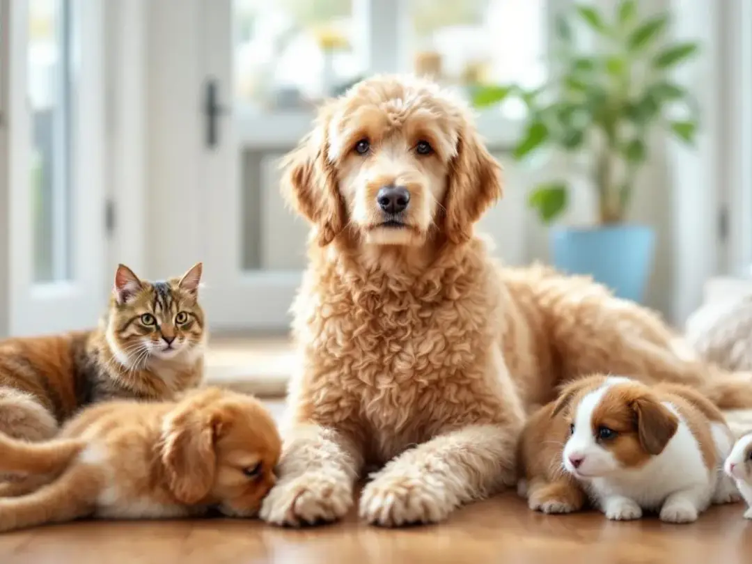 In a cozy home setting, a friendly Goldendoodle is peacefully coexisting with other family pets, showcasing its gentle...