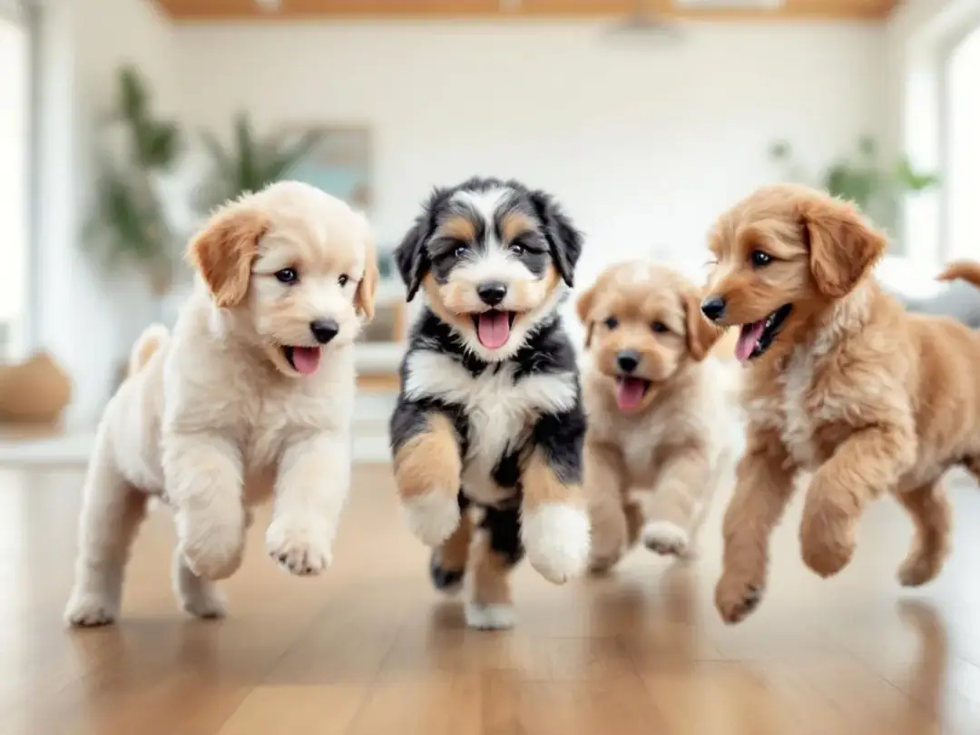 In a clean, spacious indoor area, a group of adorable goldendoodle puppies of various coat colors play together...