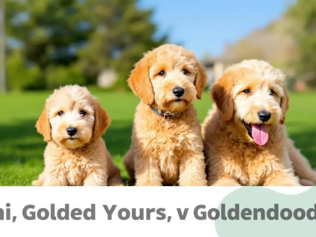 In this image, three Goldendoodles of varying sizes-mini, medium, and standard-are sitting together outdoors...