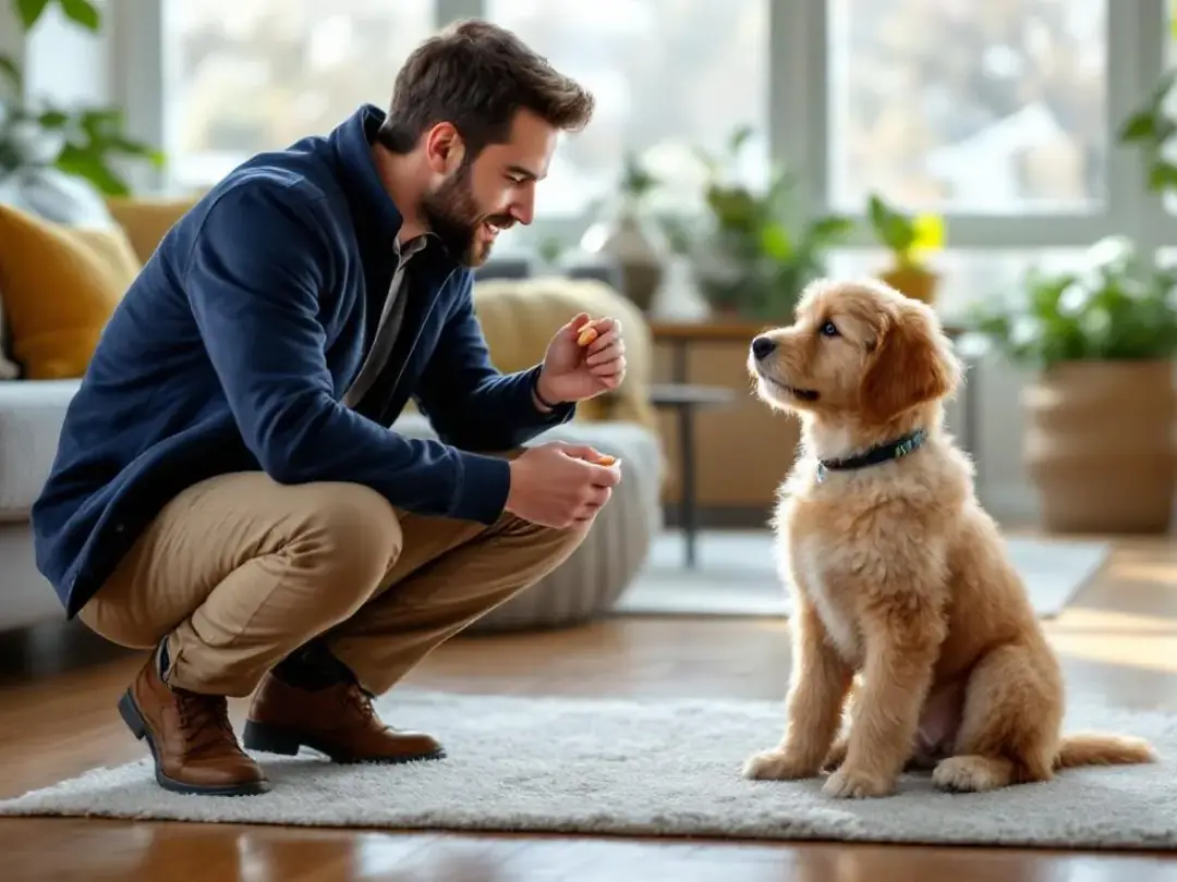 A professional dog trainer is working with a young Goldendoodle puppy in a cozy home environment, teaching it basic...