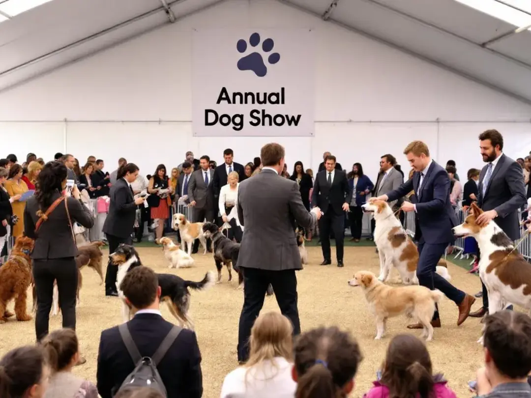 In a lively dog show scene, handlers proudly present various dog breeds, including golden retrievers, to judges while...