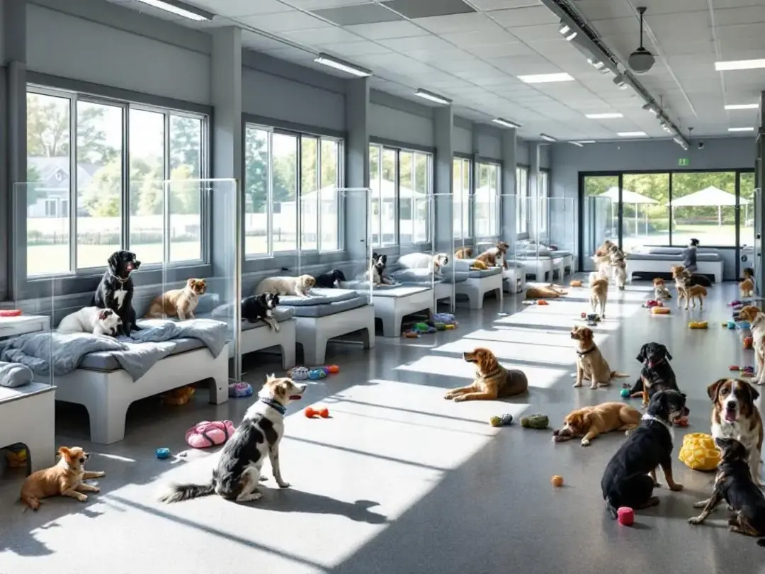 In a professional dog breeding facility, clean indoor kennels are visible, with well-socialized puppies enjoying access...