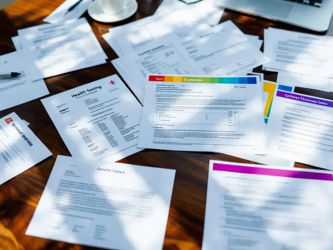 The image shows a table covered with various health testing certificates and documentation, highlighting clearances and...