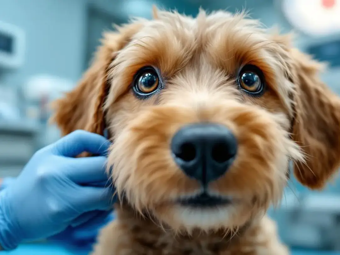 A close-up image of a goldendoodle's eyes during a veterinary examination, highlighting their bright, expressive gaze...