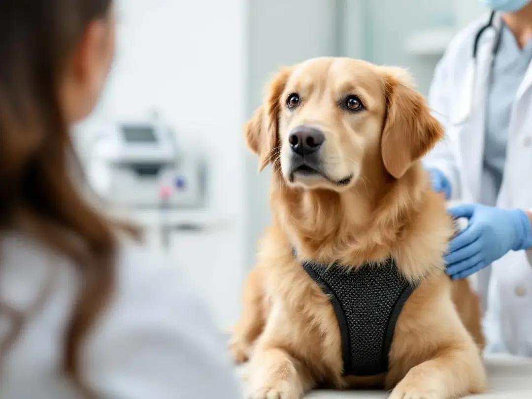 A Goldendoodle is receiving allergy treatment at a veterinary clinic, showcasing the importance of addressing common...