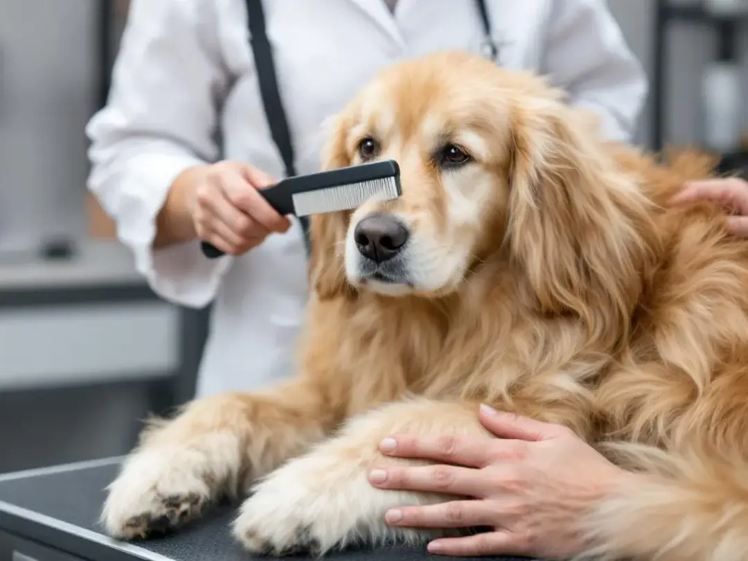 A Goldendoodle is being professionally groomed, showcasing the importance of proper coat care to maintain a healthy and...