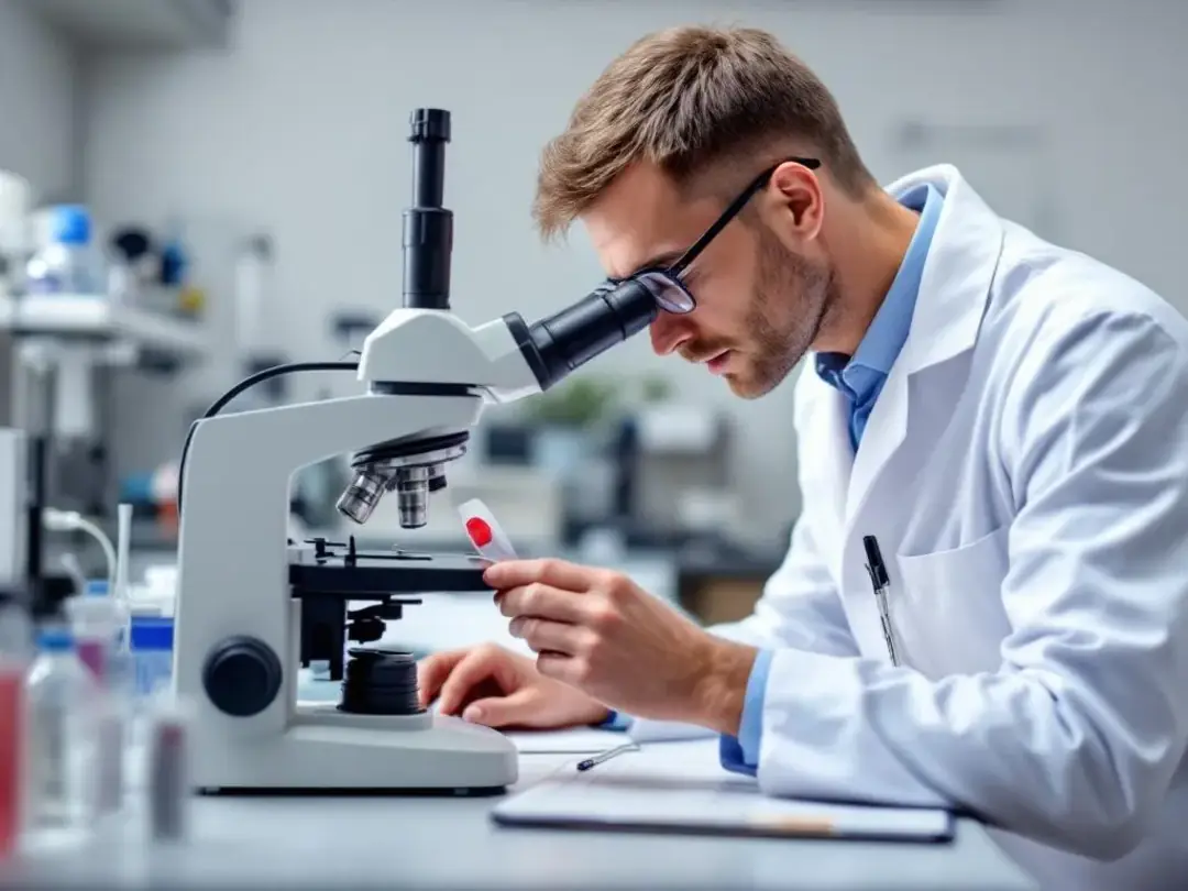 In a veterinary clinic, a laboratory technician is carefully examining a blood sample under a microscope to diagnose...
