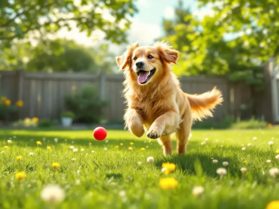 A joyful golden retriever is playing in a lush backyard under the bright sun, showcasing its playful nature. This happy...