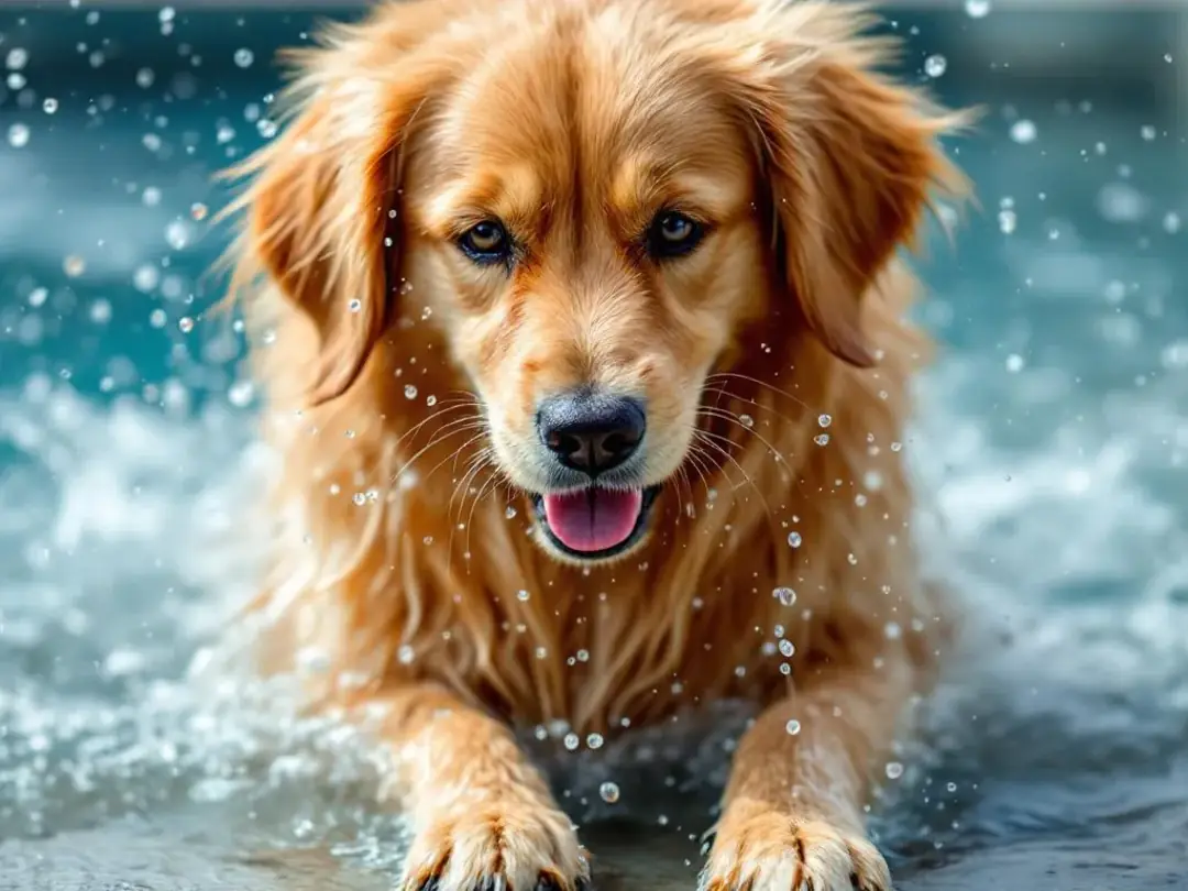 A Golden Retriever is shaking water off its thick coat after a swim, illustrating how excess moisture can become...