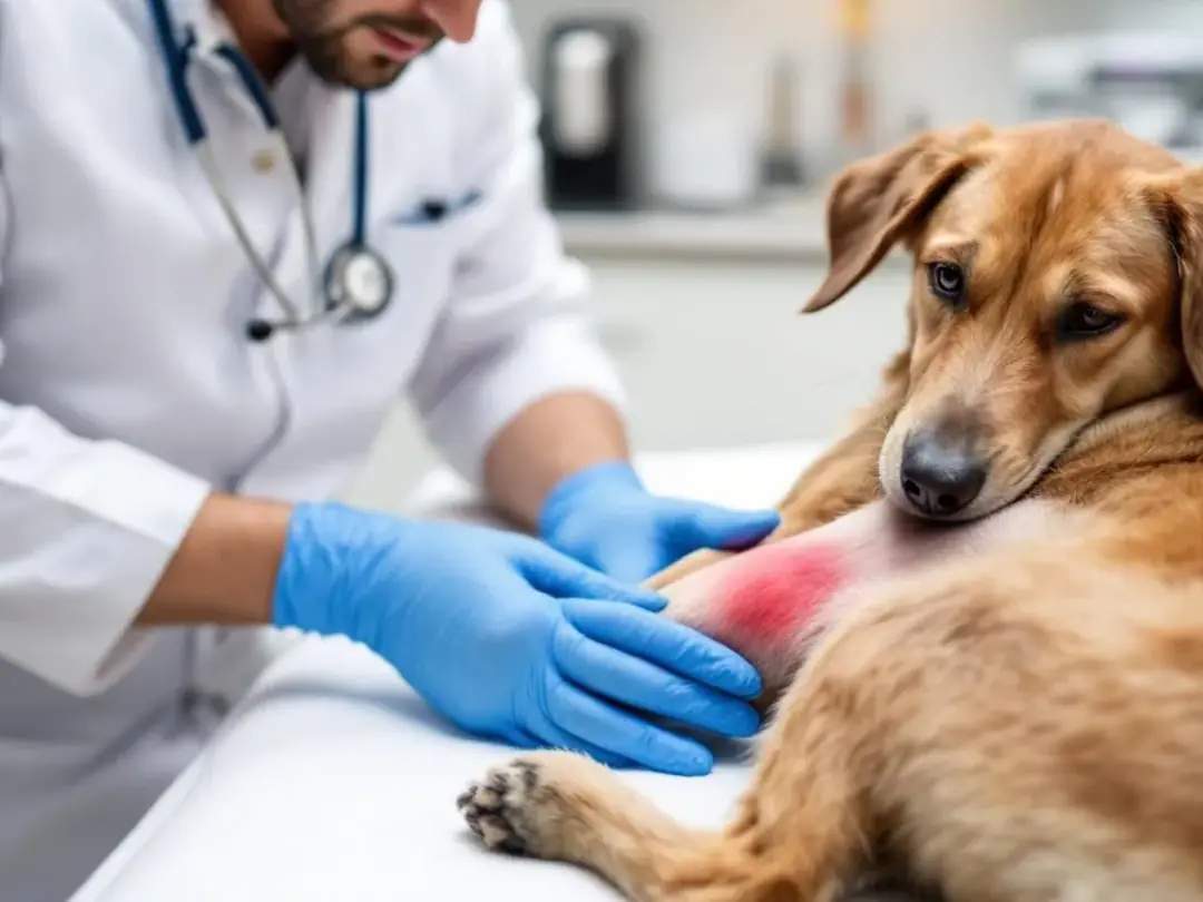 A veterinarian, wearing protective gloves, is examining a dog's hot spot, which is an area of acute moist dermatitis on...