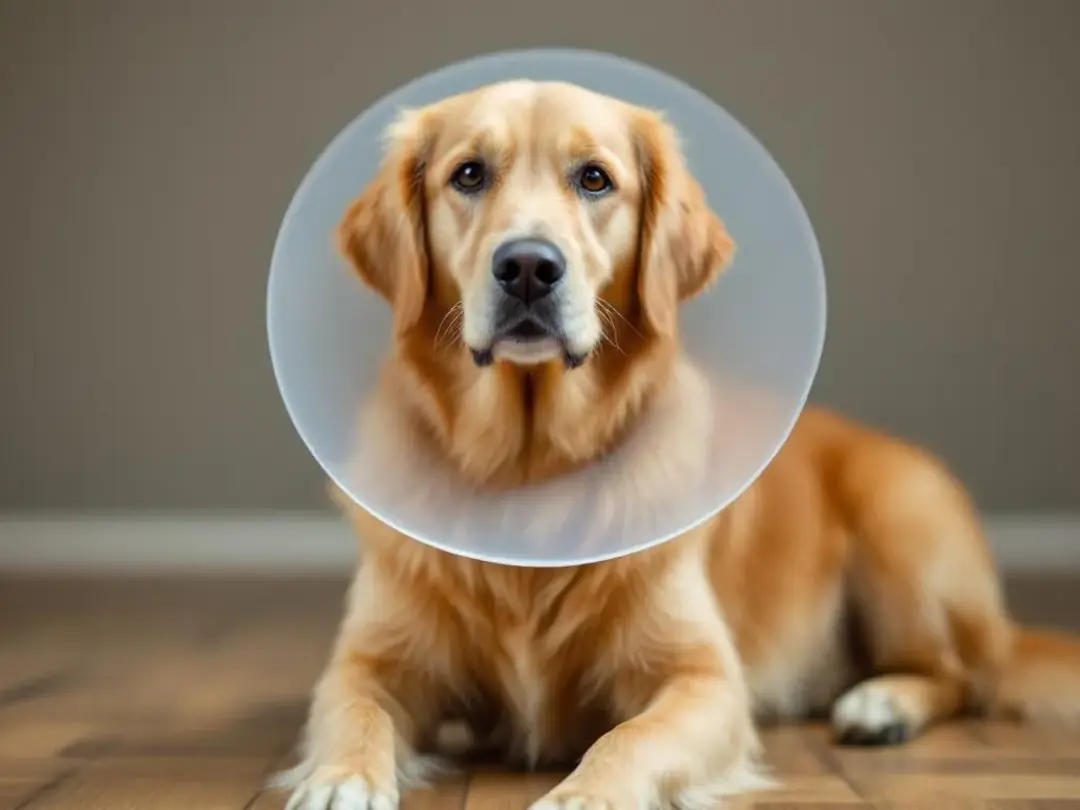 A dog wearing an Elizabethan collar sits calmly, preventing it from licking at a healing hot spot on its skin, which is...