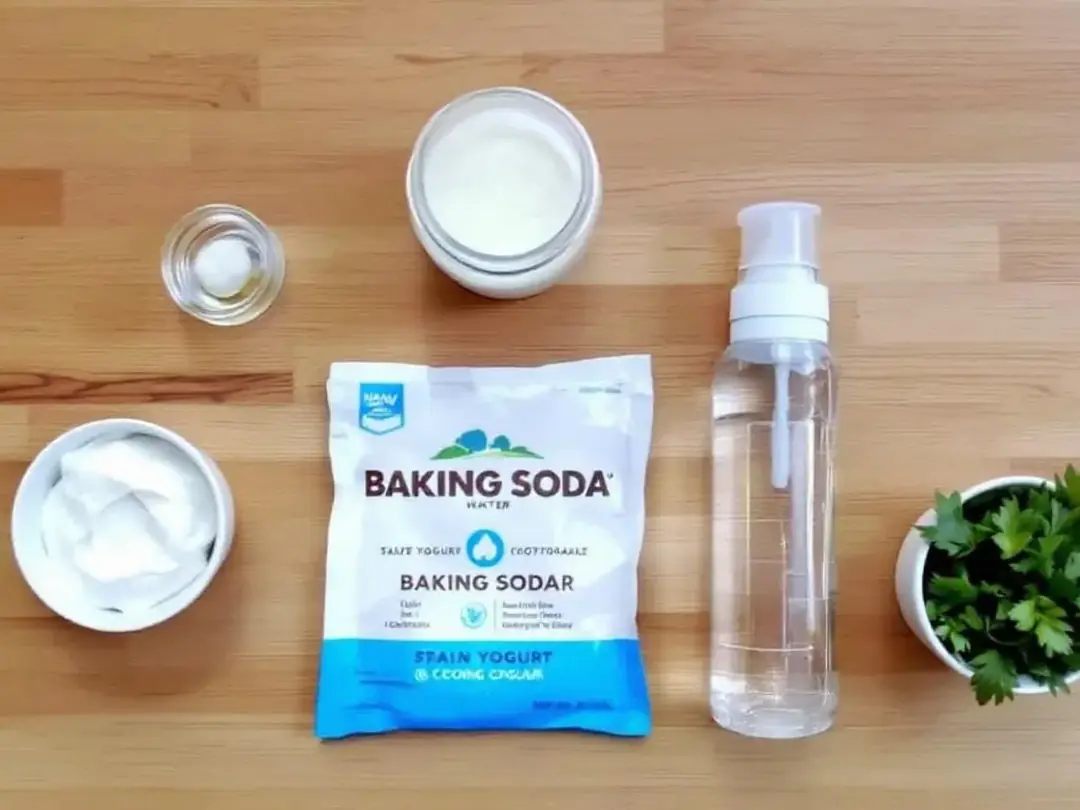 The image shows a variety of safe ingredients for homemade dog toothpaste, including baking soda, coconut oil, and...