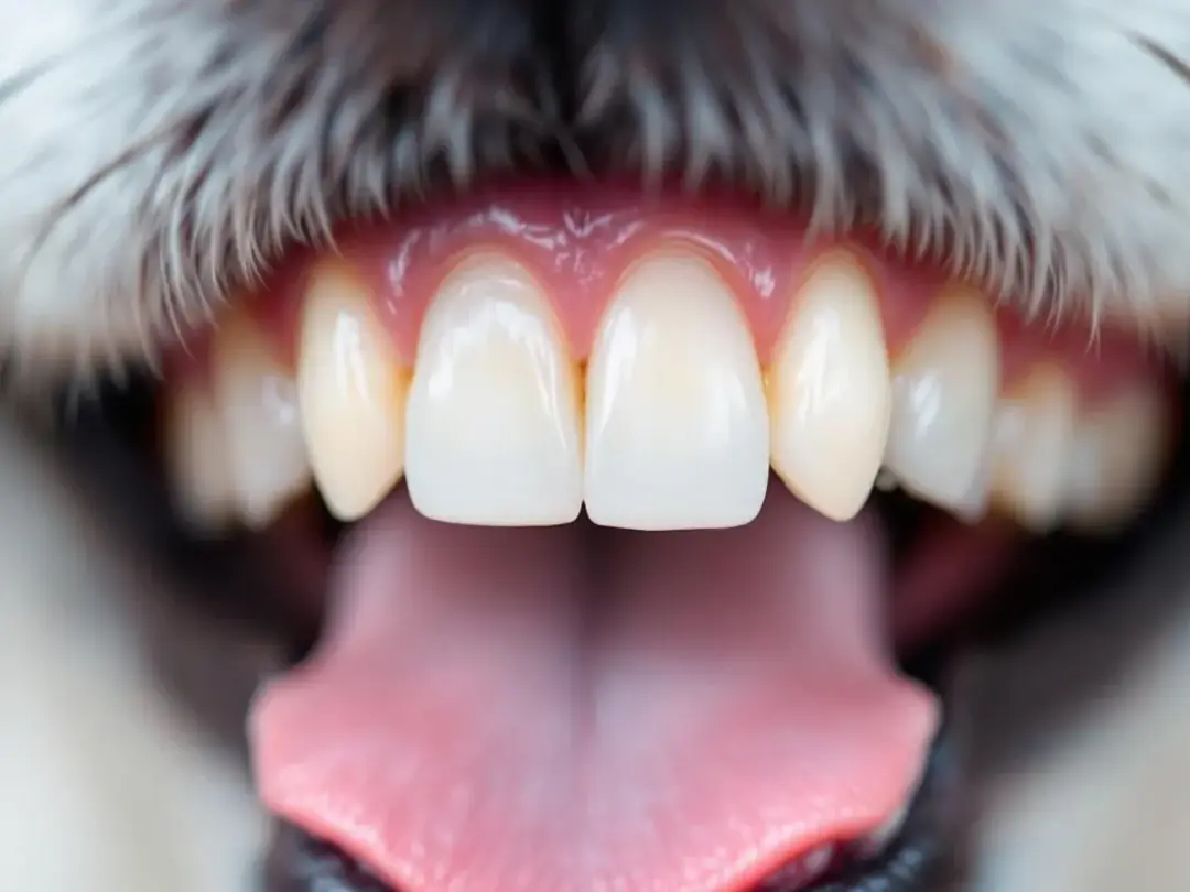 A close-up image showcasing a dog's healthy teeth and gums, highlighting the cleanliness and absence of plaque buildup...