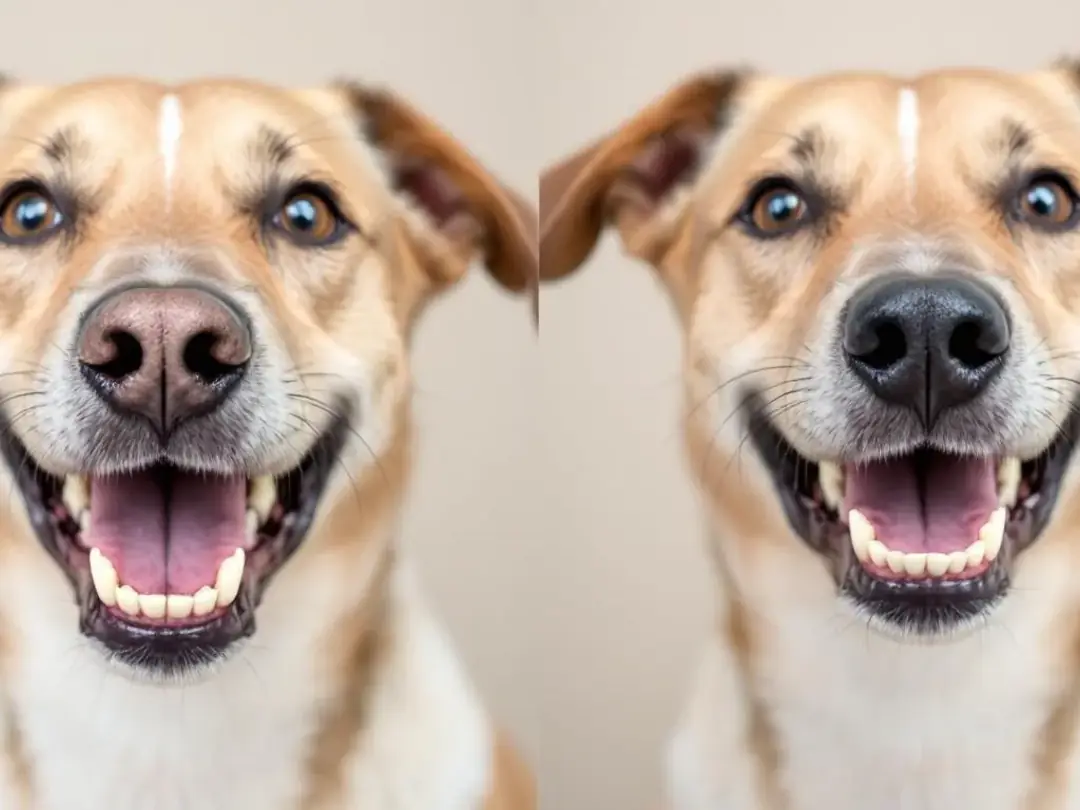 Before and after images show a clear improvement in a dog's teeth, highlighting the effectiveness of using natural dog...