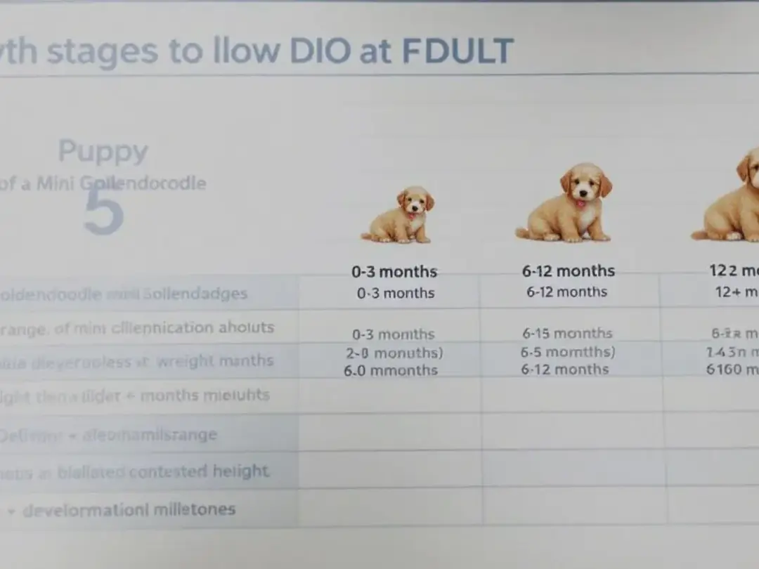 The image depicts a chart illustrating the growth stages of Mini Goldendoodles, from puppy to adult, highlighting their...