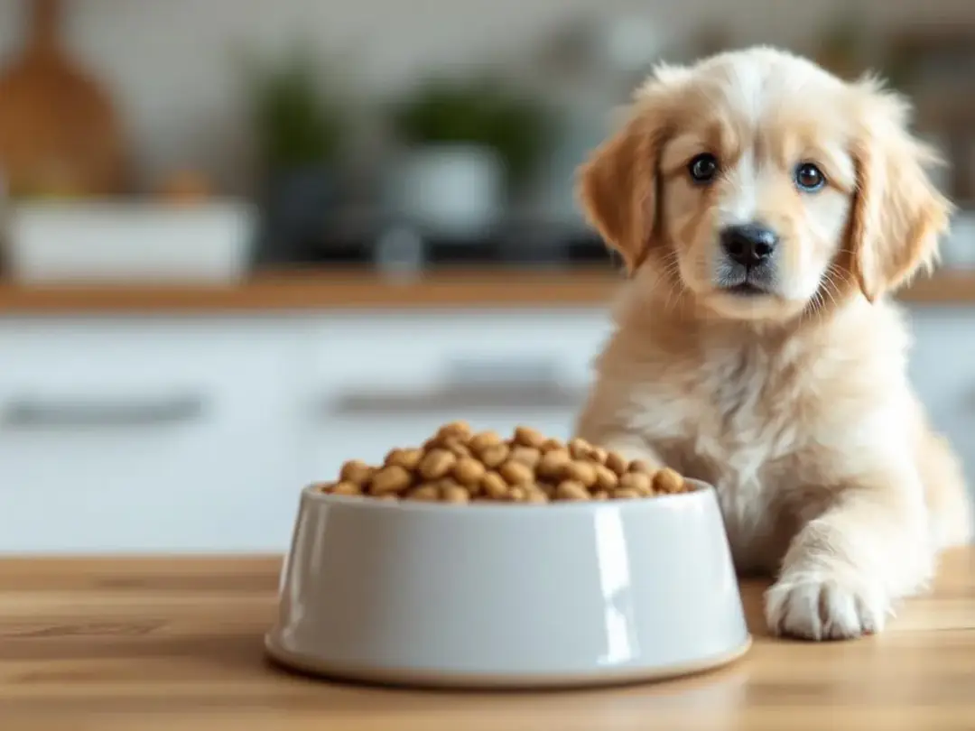 A mini Goldendoodle sits beside its food bowl, illustrating a proper nutrition setup essential for maintaining a...