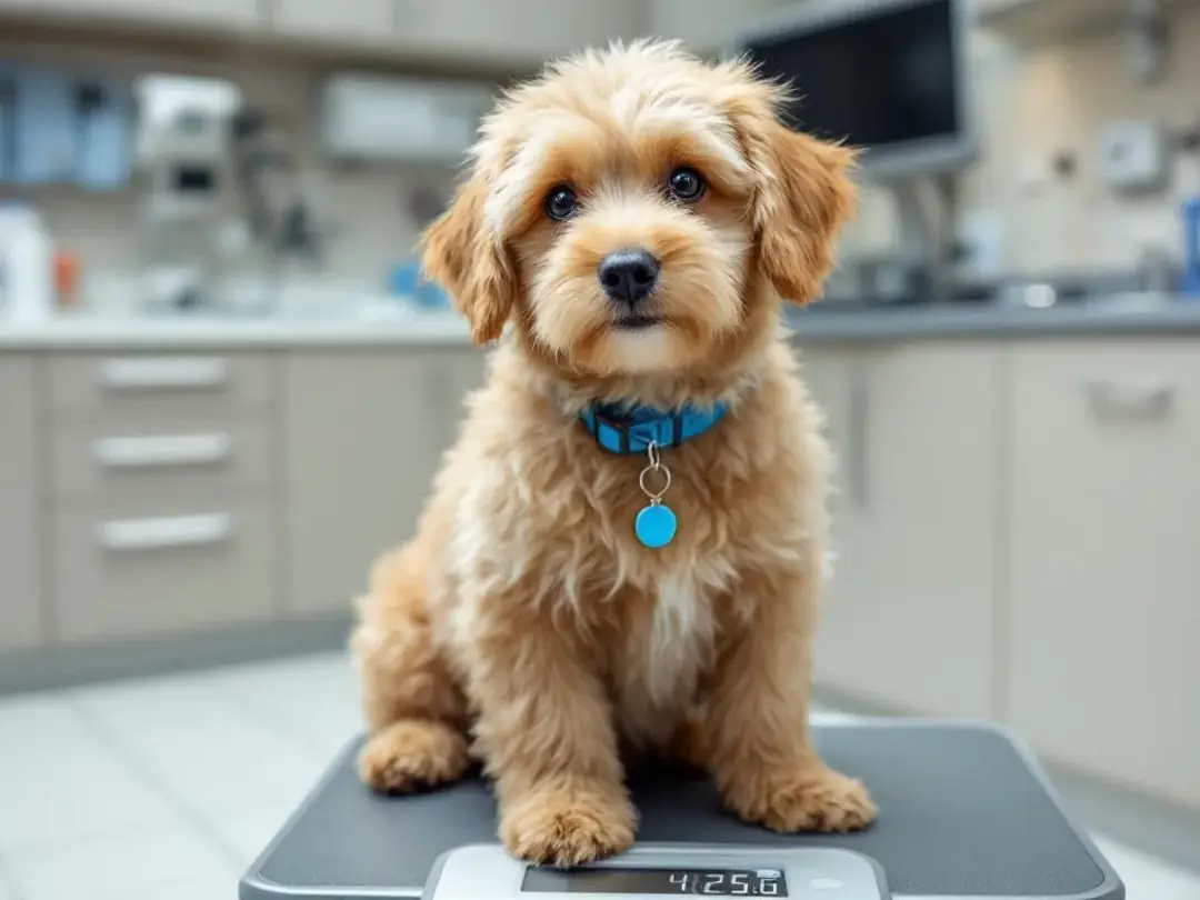 A mini Goldendoodle is being weighed at a veterinary clinic, standing on a scale while a veterinarian observes. This...
