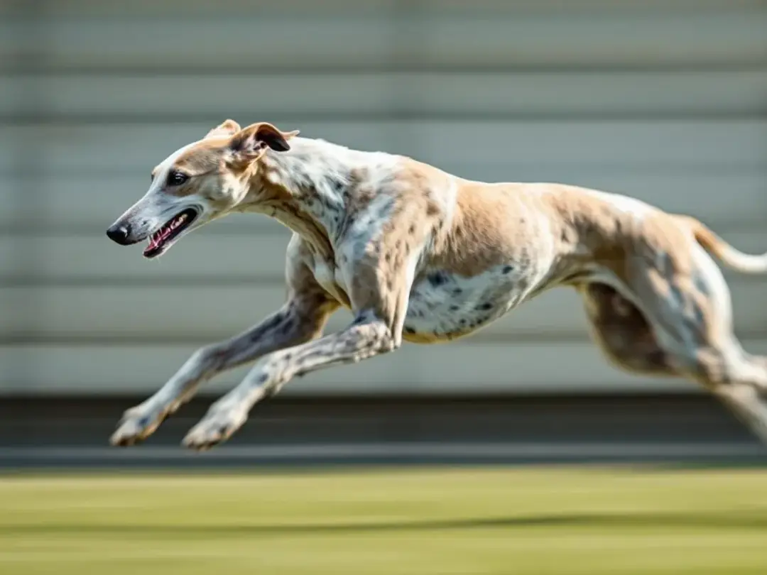 A greyhound is captured in full sprint, showcasing the classic double suspension gallop with all four feet off the...