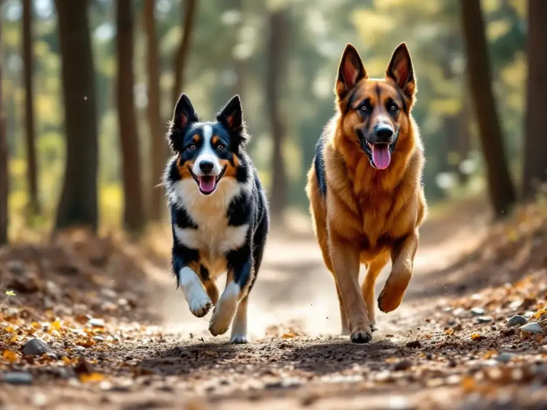 A Border Collie and a German Shepherd are running together on a scenic trail, showcasing their incredible speed and...