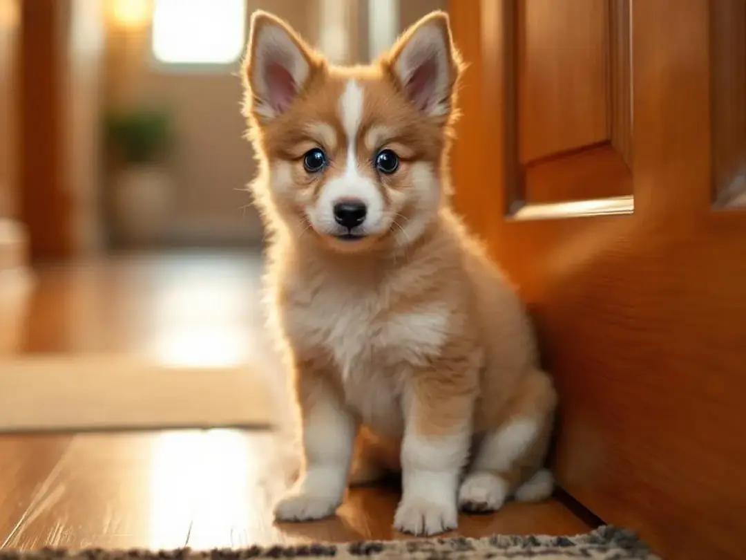 A young puppy sits by the door, looking alert and ready for a potty break, displaying signs of needing a bathroom...