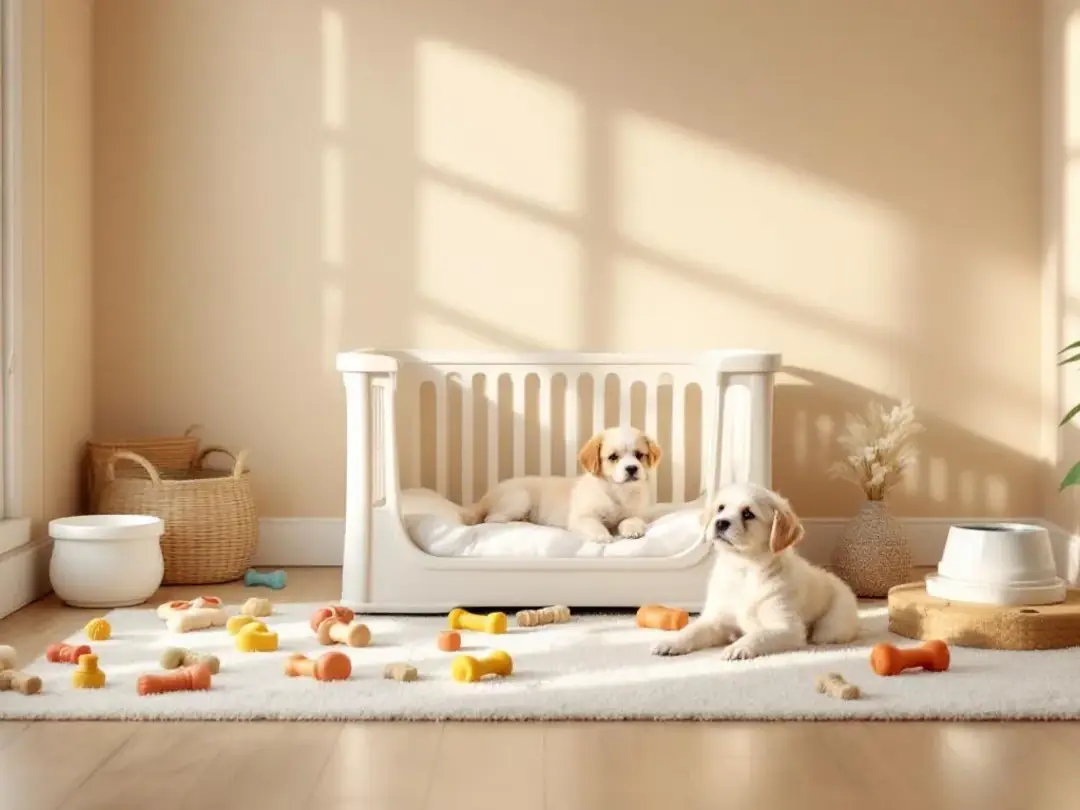 The image depicts a well-organized puppy space featuring a crate, various toys, a water bowl, and puppy pads, all...